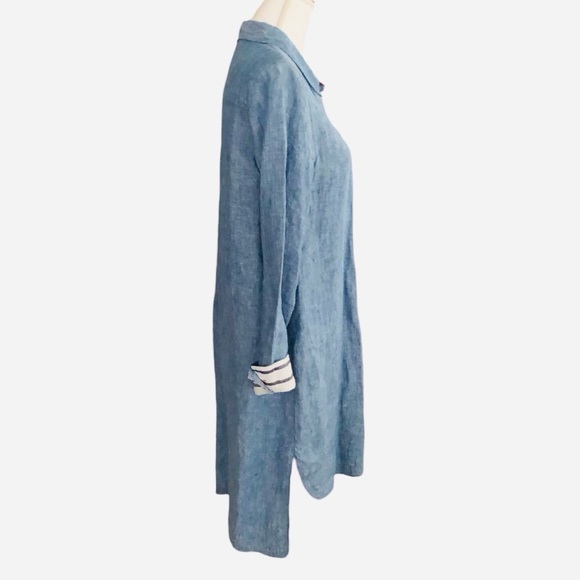 Soft Surroundings | 100% Linen Blue Button Up Tunic with Contrast Sleeve Size M - Picture 4 of 6